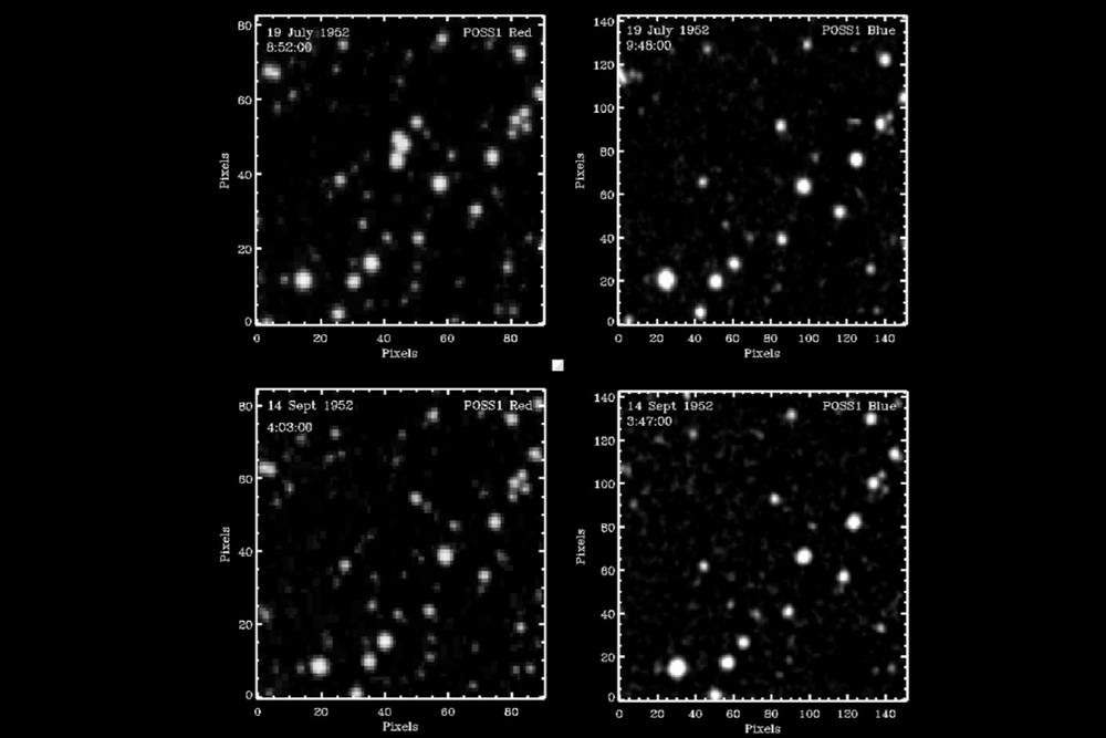 Four Palomar Observatory sky-survey exposures of the same star field from July and September 1952. Three closely grouped bright points appear only in the upper-left July 19 red exposure.