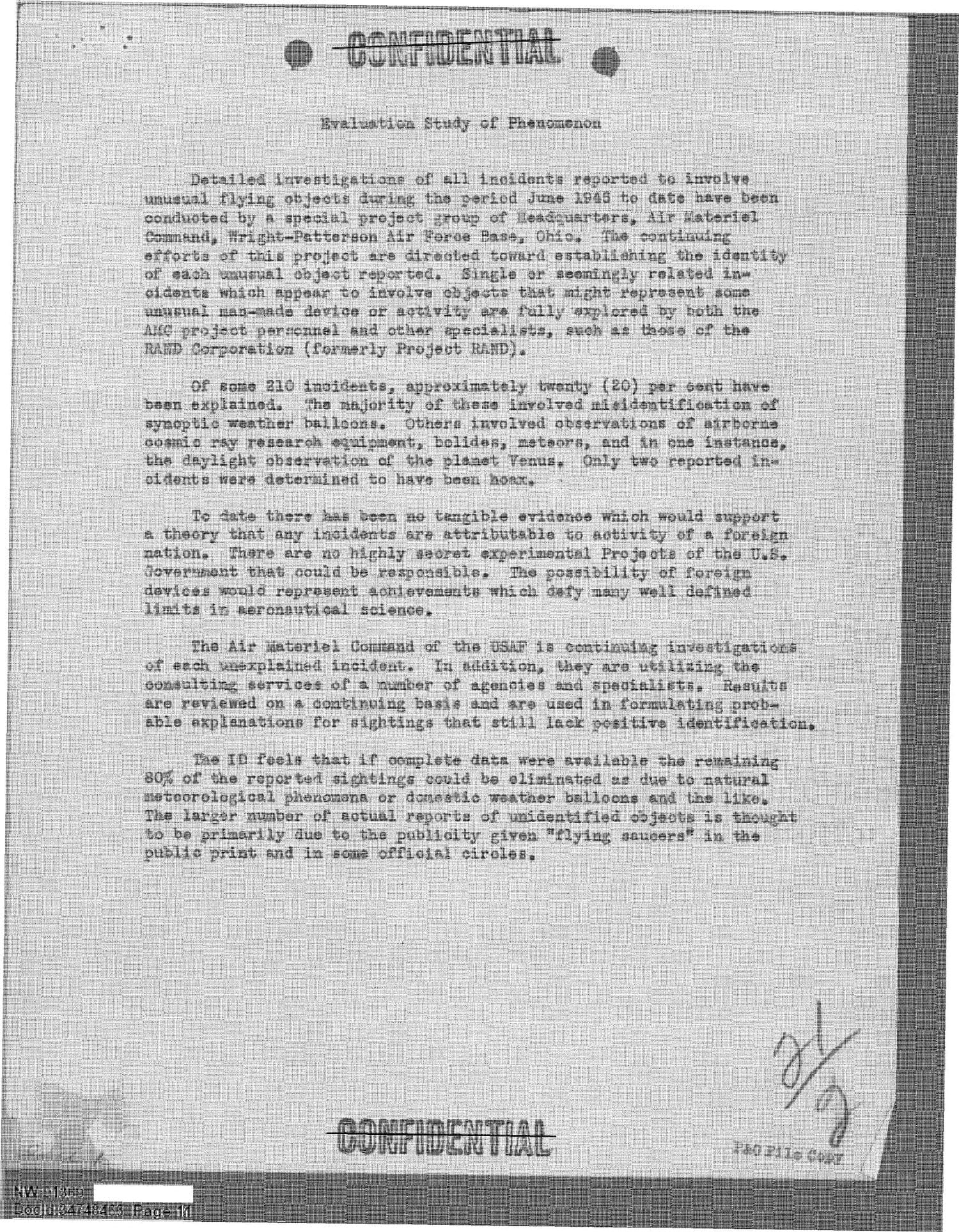 Original evaluation page from the 1949 Army flying saucer study.
