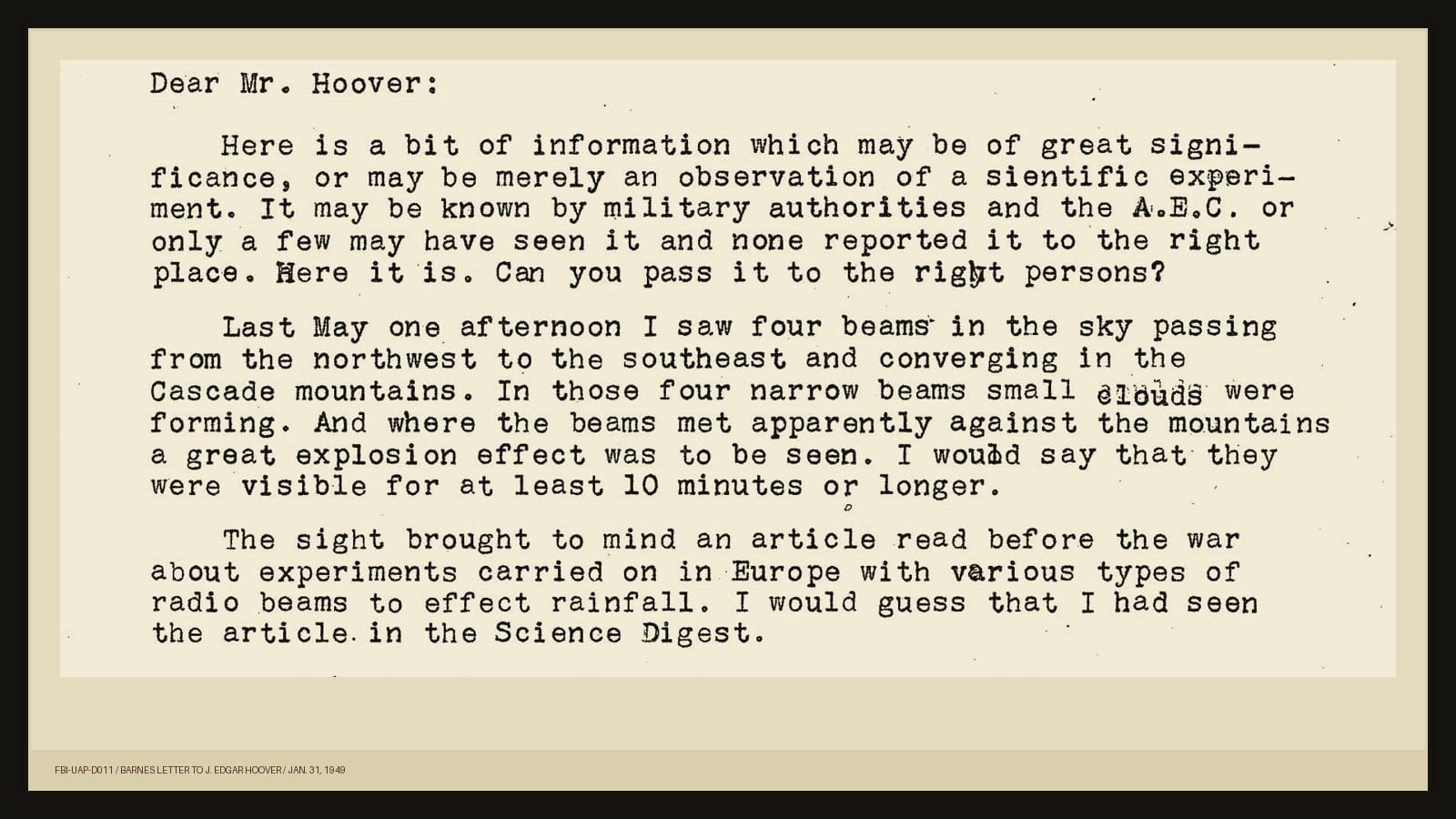 Document crop from FBI-UAP-D011 showing Rev. Charles C. Barnes describing four beams over the Cascade Mountains in a 1949 letter to J. Edgar Hoover.