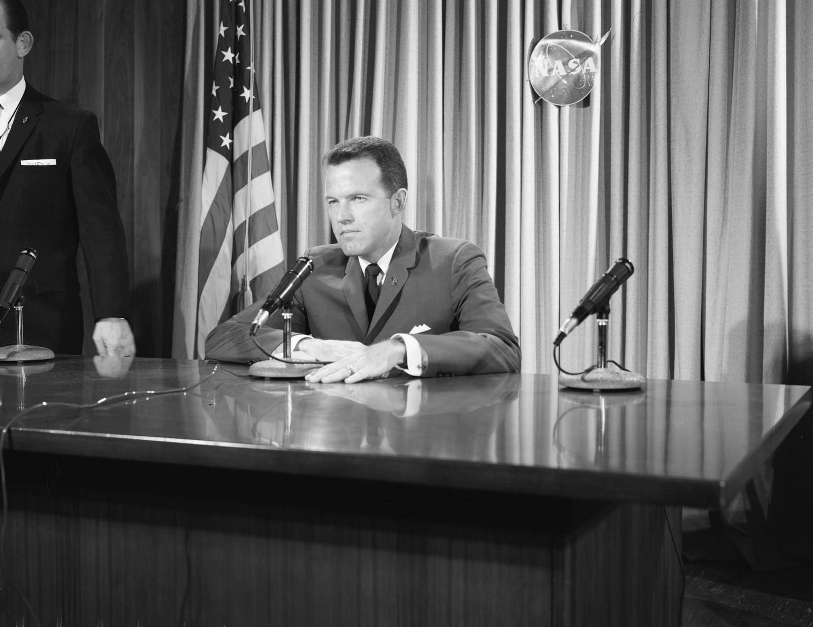 NASA photograph of Mercury astronaut Gordon Cooper at a 1963 preflight press conference before the Mercury-Atlas 9 mission.