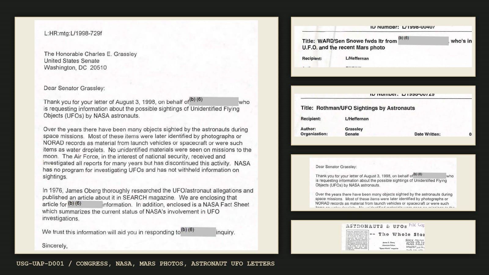 Editorial collage from USG-UAP-D001 showing 1998 congressional and NASA UFO correspondence about Mars photos and astronaut UFO sightings.