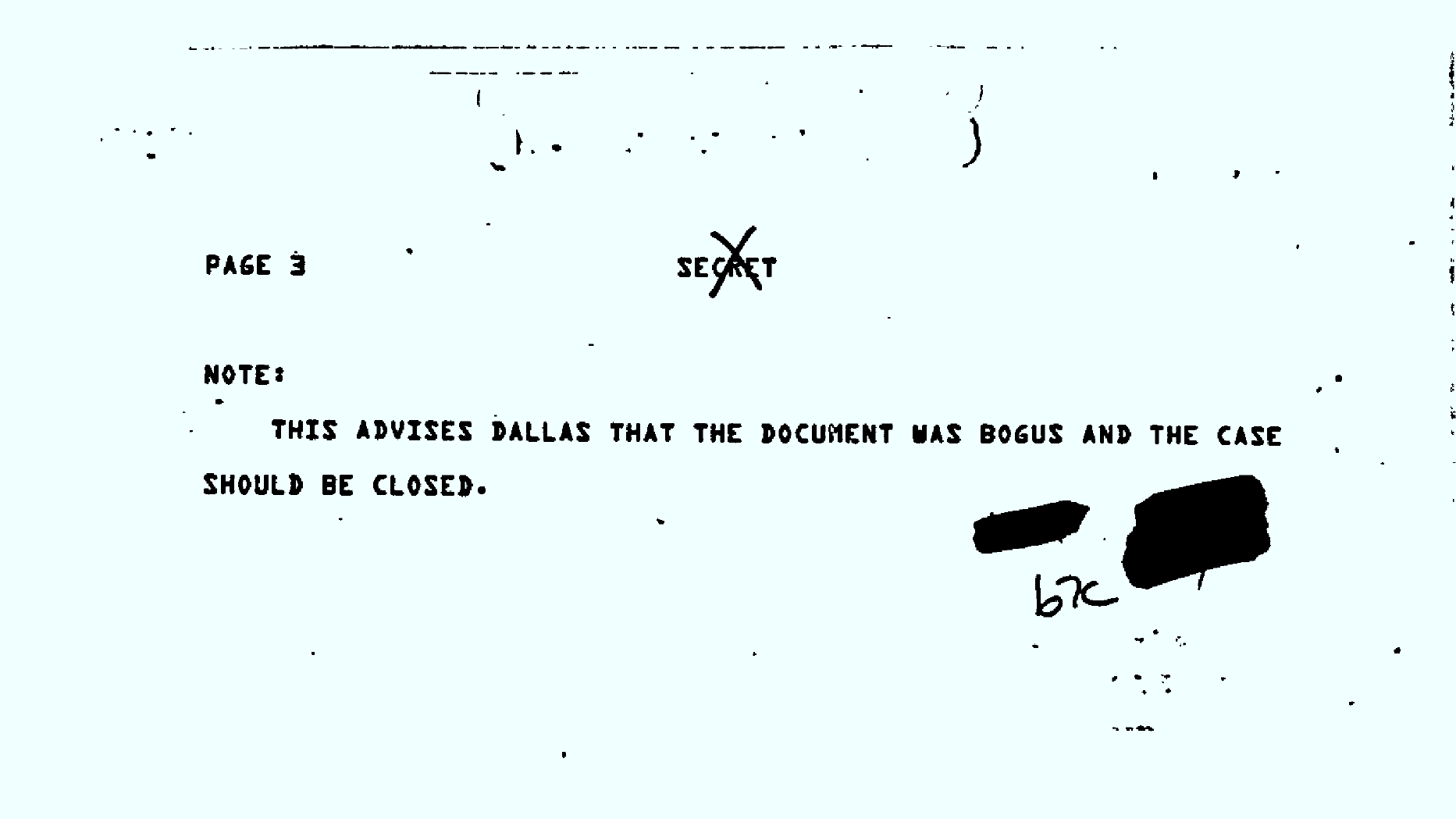 Crop from the FBI Majestic 12 file showing the note that the document was bogus and the case should be closed.