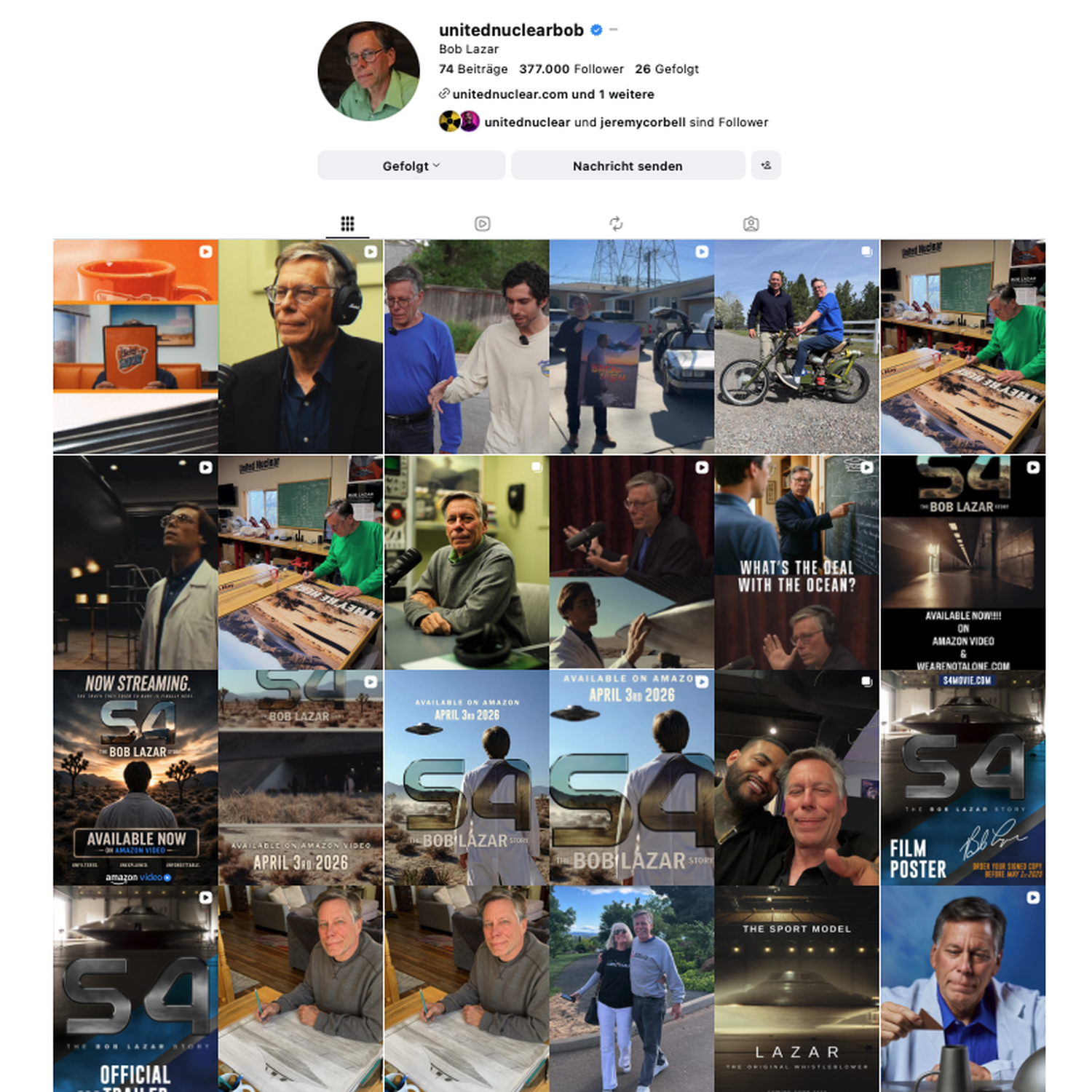 Screenshot of the public Instagram profile of @unitednuclearbob, captured 31 July 2026. The profile grid shows the 2026 promotional cycle across multiple accounts: the Area52 Podcast reel of 7 May 2026, the Saucer Co "BACK TO S4" DeLorean print of 15 April 2026, the chrisramsay52 Lazar-Walton Flying Saucer Diner reel of 24 June 2026, and the Project Gravitaur Amazon launch reel of 3 April 2026.
