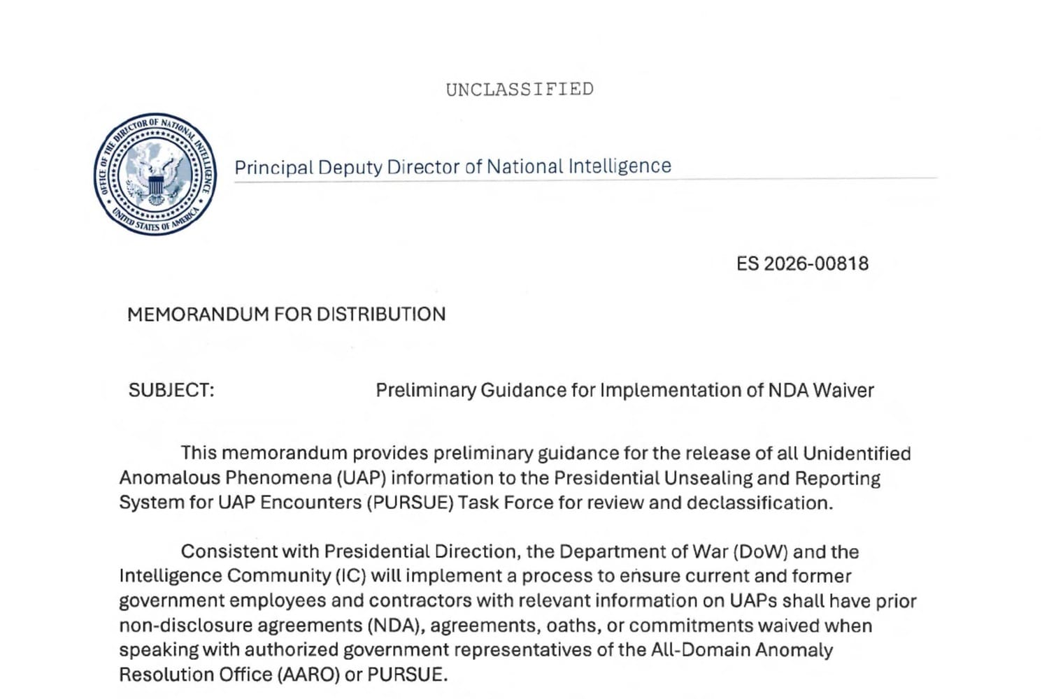 ODNI Memorandum ES 2026-00818, "Preliminary Guidance for Implementation of NDA Waiver," dated July 31, 2026 and signed by Principal Deputy Director of National Intelligence Aaron Lukas.