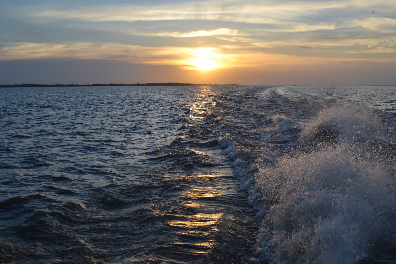Sunset over the Amazon River, photographed from a boat on the water in the direction of Santarém, in the state of Pará, Brazil. A thin tree line on the horizon, soft cloud cover, and the sun reflecting off the river surface. Region where the island of Colares sits at the mouth of the Amazon. Photo by Carolina de Melo Franco, CC BY-SA 2.0.