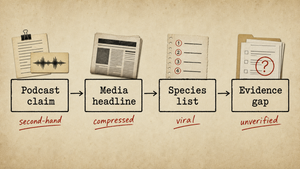 Generated editorial claim-chain graphic showing podcast claim, media headline, species list, and evidence gap