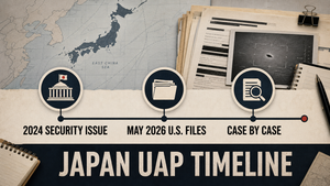 Timeline graphic showing Japan's UAP discussion from 2024 security issue to May 2026 U.S. files and case-by-case disclosure