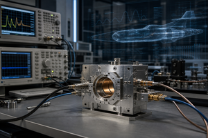 AI-generated editorial image of a dark aerospace lab bench with a metallic resonant cavity test device, microwave cables, measurement instruments, and faint waveform diagrams.