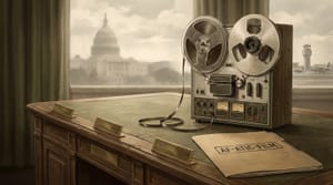Editorial illustration of a 1952 reel-to-reel tape next to a congressional folder on a wooden desk.