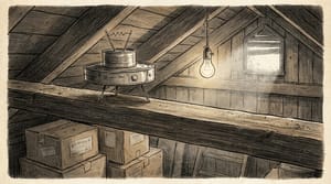 Editorial sketch-style illustration of a small handcrafted UFO model on a dusty wooden attic beam, with a bare bulb, cardboard boxes, and a gable vent window.