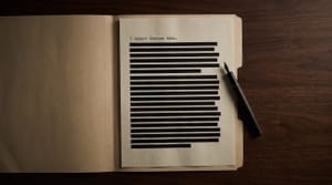 Editorial illustration of an open file folder on a dark desk, with a single typed line at the top of the inner page reading "I cannot discuss this" and the rest of the page covered in thick black redaction bars. A fountain pen rests diagonally across the folder.