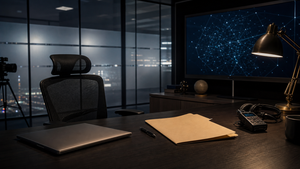 AI-generated editorial image of a modern intelligence-adjacent office with a blank folder, audio recorder, laptop, and abstract network screen.