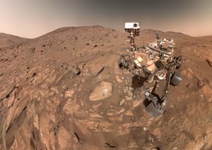 NASA Perseverance selfie on Mars with the Cheyava Falls rock near the rover, where the Sapphire Canyon sample was collected.
