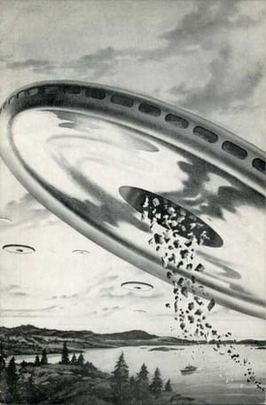 1948 James B. Settles illustration of a large doughnut-shaped craft over Puget Sound, dropping debris toward a small boat; originally published in Shaver Mystery Magazine Vol. 2 No. 1.