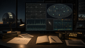 Editorial illustration of an astronomy data room with survey sky tiles, spectra, alert markers, telescope imagery, and an observatory dome at night.