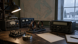 AI-generated editorial image of a 1950s Canadian radio engineering lab with analog instruments, map, compass, and magnetometer-style coils.