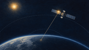 Painted editorial illustration of sunlight reflecting from a communications satellite toward the Earth, with faint orbital geometry lines.