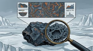 Painted editorial illustration of the dark Martian meteorite ALH84001 on Antarctic ice under a magnifying lens, showing microscopic structure diagrams.