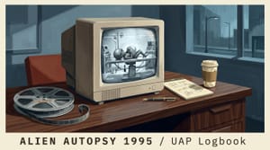 Editorial illustration of a 1990s television studio monitor on a wooden desk showing a black-and-white alien-autopsy frame, with a 16mm film reel, fountain pen, paper coffee cup, and legal-pad notepad beside it; tracked caption identifies the 1995 FOX broadcast.
