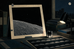 Editorial illustration of a lunar photograph on an archive desk, with a contact sheet and magnifying loupe; a few ambiguous points of light appear in the photographed sky.