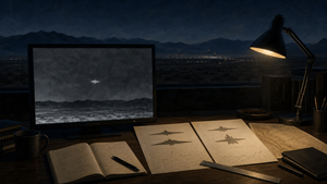 Editorial illustration of an aviation analyst’s desk at night, with an indistinct thermal aircraft shape on a monitor, comparison sheets, and a Nevada desert horizon beyond the window.