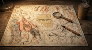 A vintage topographical map of southern Nevada spread across a dark wooden desk, showing Tonopah, Las Vegas, Reno, Mercury, Rachel, and Caliente. Area 52 / Tonopah Test Range is a tan polygon in central Nevada, with Area 51 / Groom Lake as a smaller dark polygon to the southwest, a red-orange overlay marking the Tikaboo Peak closure of 25 March 2026, NTTR restricted airspace as hatched envelope, and US-95, US-6, NV-375 marked. A magnifying glass rests on Area 52, a fountain pen crosses the road lines, and a kraft-paper coffee cup steams at the corner. AI-generated editorial image; not source imagery.