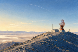 Painted editorial illustration of a 1960s radar tracking antenna on a rocky Nevada ridge, with a small rocket plane high in the sky.