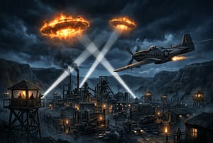 Editorial illustration depicting two glowing fiery disks hovering over the Shinkolobwe uranium mine in the Belgian Congo in 1952, with a vintage fighter plane climbing to intercept them.