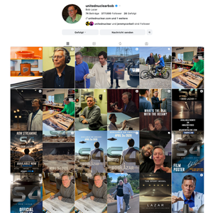 Screenshot of the public Instagram profile of @unitednuclearbob, captured 31 July 2026. The profile grid shows the 2026 promotional cycle across multiple accounts: the Area52 Podcast reel of 7 May 2026, the Saucer Co "BACK TO S4" DeLorean print of 15 April 2026, the chrisramsay52 Lazar-Walton Flying Saucer Diner reel of 24 June 2026, and the Project Gravitaur Amazon launch reel of 3 April 2026.