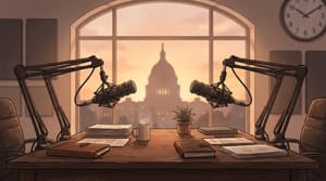 Editorial illustration of two podcast microphones facing each other across a wooden desk, with a Capitol-dome silhouette visible through a window behind them, late-afternoon light.