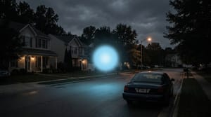 Editorial illustration of a soft glowing plasma orb hovering over a quiet American suburban street at night, with a dark FBI sedan parked at the curb.