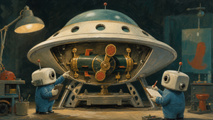 Playful editorial illustration of a fictional saucer in a workshop, with a green retro-futurist device installed in its open underside.