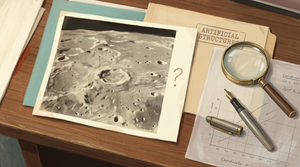 AI-generated editorial illustration of a 1960s NASA archive desk. A faded lunar surface photograph sits at the center of the frame, with a red-pencil question mark handwritten in its margin. Beside it: a thin manila file folder stamped with a partial "ARTIFICIAL STRUCTURES" label, a brass-rimmed magnifying glass, a fountain pen with its cap off, and a single sheet of vellum showing a coordinate grid. Warm walnut wood surface. No people, faces, microphones, or logos. Mid-Century-Modern palette in muted cream, soft teal, warm brown, and rust accents. Painted execution, not photographic.