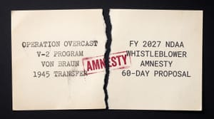 Photorealistic documentary press photograph. A single sheet of cream paper, sharply torn vertically down the middle with a jagged fibrous tear edge, lying flat on a dark near-black surface. The left half carries typewritten 1940s-style lines: OPERATION OVERCAST, V-2 PROGRAM, VON BRAUN, 1945 TRANSFER. The right half carries clean 2020s monospace lines: FY 2027 NDAA, WHISTLEBLOWER, AMNESTY, 60-DAY PROPOSAL. A real-looking crimson rubber-stamp impression reading AMNESTY sits across the torn seam, half on each half, with realistic ink unevenness. The image is constructed to look like an investigative photograph of a torn document; it is not a photograph of any real document, person, or workspace.