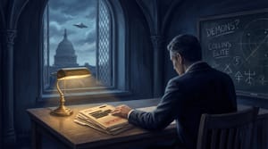 Mid-Century-Modern editorial illustration, painted, soft brush strokes. A man in a dark suit, viewed from behind and in profile so his face is not visible, sits at a heavy wooden table in a dimly lit Gothic-style government briefing room. An antique brass desk lamp casts warm gold light across a stack of files marked "UAP/TOP SECRET". Through a large Gothic arched window, the U.S. Capitol dome is visible under a cloudy twilight sky, with a single metallic tic-tac shaped UAP hovering above it. Behind the man, in shadow, a large chalkboard reads "DEMONS?" and "COLLINS ELITE" alongside ancient religious symbols and modern radar schematics. No microphones, no identifiable portrait. The figure is anonymous.