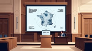 Editorial illustration showing a French parliamentary hall (Salle Victor-Hugo) with wood paneling and a large projection screen displaying a stylized data radar map of France.