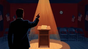 Editorial illustration of a dark community-center meeting room: a single wooden lectern is illuminated by a single warm amber spotlight from above, with a closed manila folder on the lectern. In the foreground, slightly out of focus, a man's silhouette in a suit stands with his right hand raised, pointing toward the lit lectern. American flags stand in the deep oxblood red and navy blue shadow on both sides, and empty dark folding chairs are visible in the background. A small wall clock is high on the back wall.