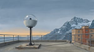 Mid-Century-Editorial illustration of a hemispherical AllSkyCAM dome on a metal mast, mounted on a concrete research terrace, looking up at an overcast sky with a glaciated Alpine summit in the background. The hardware is a generic concept piece, not the actual IFEX installation.