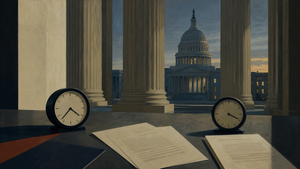 Editorial illustration of two desk clocks and papers before the U.S. Capitol, viewed through tall archive-like columns.