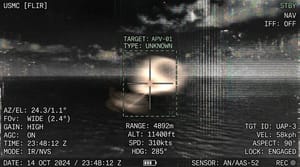 Editorial illustration of an infrared military FLIR sensor display tracking a teardrop-shaped object with a vertical pole suspended beneath it over the Gulf of Oman.