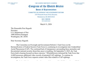 Official first-page excerpt of the March 31, 2026 House Oversight letter requesting UAP videos, addressed to Secretary Pete Hegseth.