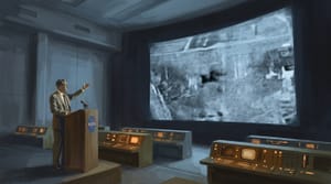 Editorial illustration of a NASA administrator standing in a darkened briefing room, gesturing toward a large monitor that shows grainy imagery with a faint unresolved shape.