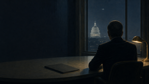 Editorial illustration of an anonymous senior U.S. official seated at a briefing table beside a closed folder, with the U.S. Capitol visible through a window and a small white object in the night sky.