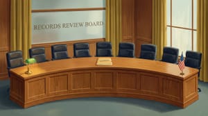 Editorial illustration of a 1960s government hearing room: nine empty leather chairs in a curved row behind a long oak bench, a single closed manila folder on the bench, a brass desk lamp, a small American flag, and a frosted glass transom reading RECORDS REVIEW BOARD.
