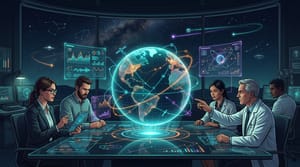 Editorial illustration representing a scientific committee reviewing UAP data, showing a glowing holographic globe, charts, and digital connections.