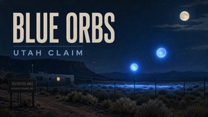 Editorial illustration of two blue orbs above a fenced desert research site at night, with the words Blue Orbs and Utah Claim in the sky.