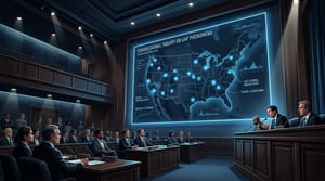 Editorial illustration showing a congressional hearing chamber with a large projection screen displaying a map of the United States with radar waves.