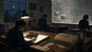 Editorial illustration of researchers reviewing NASA archive photographs in a dim reading room, with a lunar image projected on the wall.