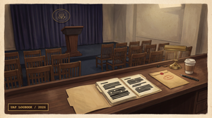 Editorial illustration of a White House press briefing room at night, an empty podium in front of a blue curtain, three open file folders on the front-row reporter table showing redacted pages, an envelope stamped 17 December 2024 beside a paper coffee cup, tracked caption identifying the joint statement and the May 2025 FOIA release.