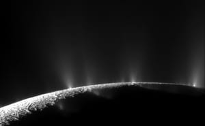 Cassini image of water-ice plumes erupting from the south-pole tiger stripes of Saturn's moon Enceladus, the freshest sample of the moon's subsurface ocean.